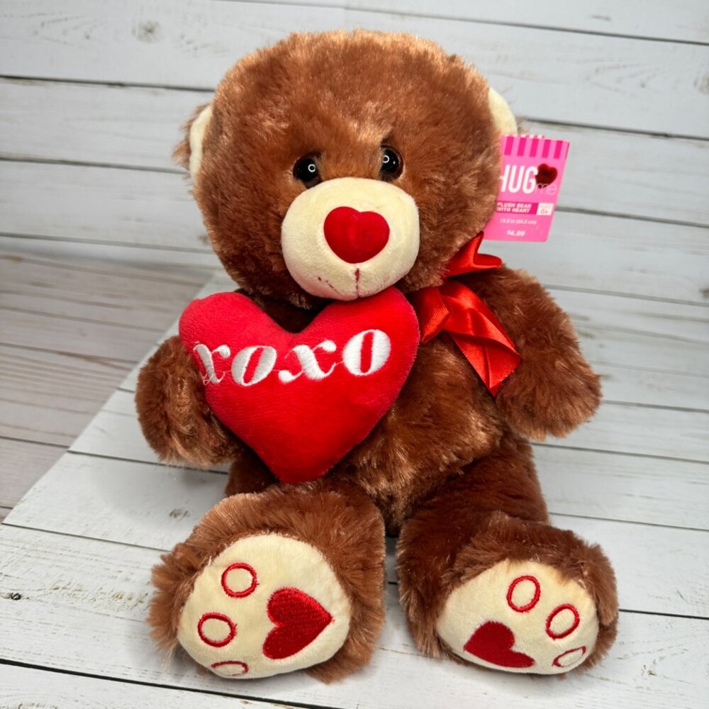 HugFun Hug Me Brown Bear Plush Valentine's Day Red Heart Embroidered Feet w/Tags